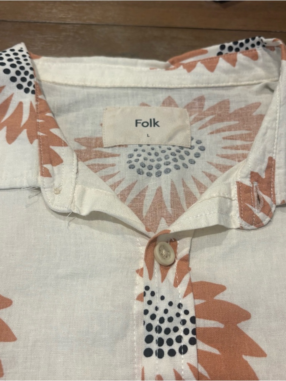 Folk Shirt Men Ivory Floral Linen Blend Button Up Short Sleeves Size Large - Picture 2 of 7